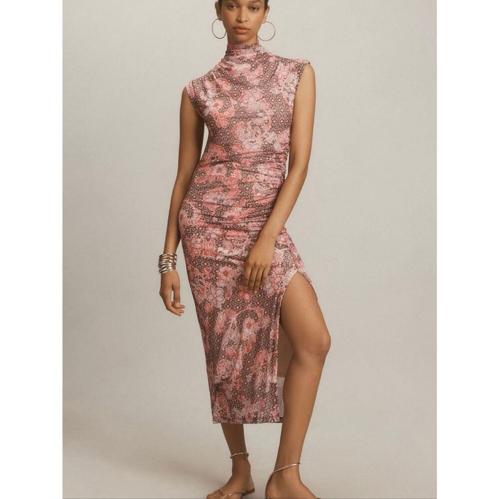 Anthropologie Sz L The Maya Ruched Cowl-Neck Mesh Midi Dress